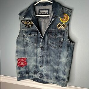 Ring‎ of Fire Mens Denim Vest Patches Motorcycle Club Racing Large streetwear